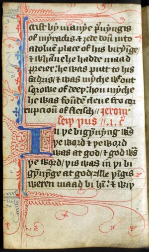 Page of a medieval Bible manuscript in Middle English with red and blue decorated initials