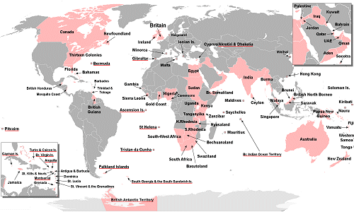 The British Empire at its height (in pink)