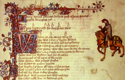 Decorated manuscript page opening The Knight’s Tale, with a mounted knight in the margin