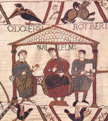 Bayeux Tapestry scene of William the Conqueror seated between Odo and Robert